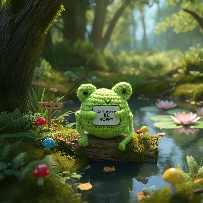 Crocheted frog toy with a sign in a forest setting