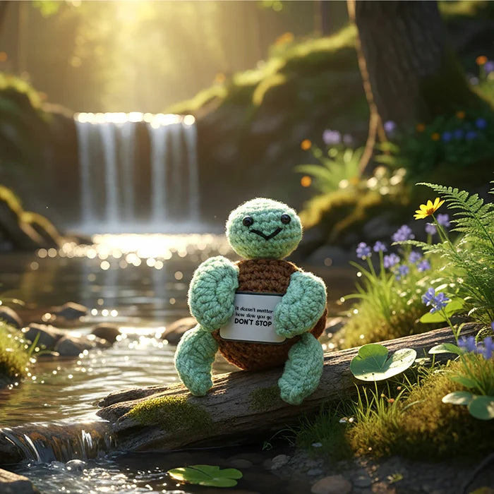 Crocheted turtle toy with a message on a log in front of a waterfall