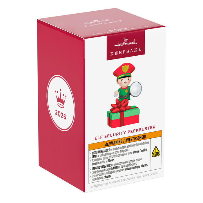 Hallmark 2026 Elf Security Peekbuster Christmas ornament packaging on a white background