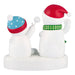 Two snowman figurines with colorful hats and scarves on a white background