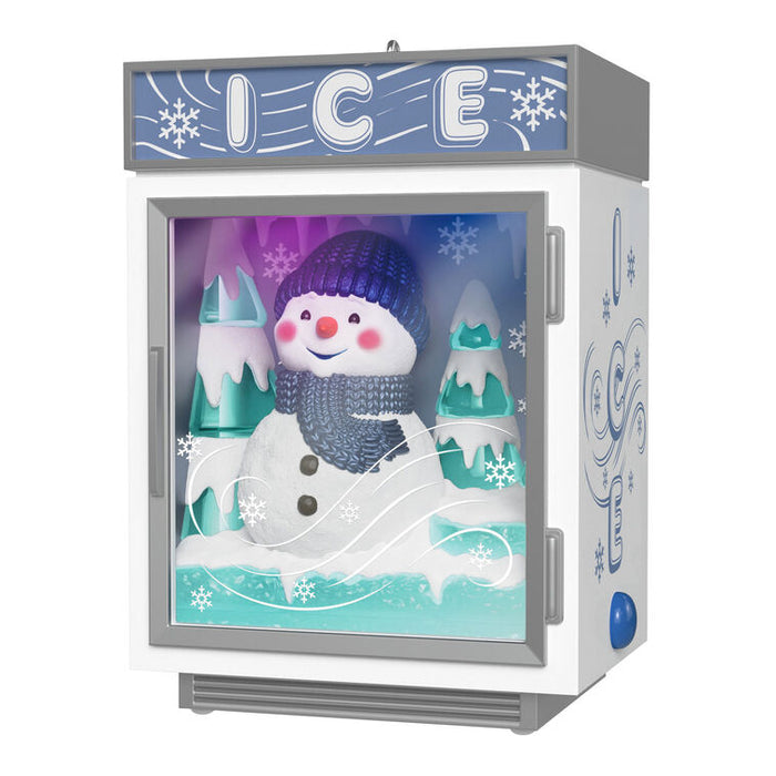 Decorative ice freezer with a snowman in a winter scene on a white background