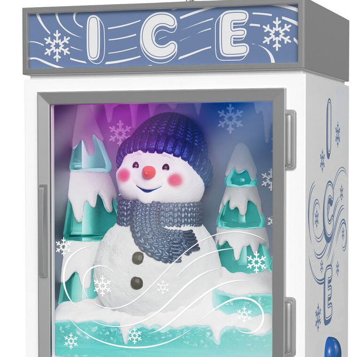 Ice freezer with a snowman design and 'ICE' text on top