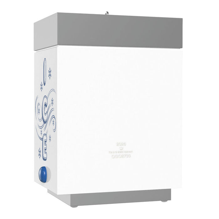 White and gray electronic device with branding on a white background