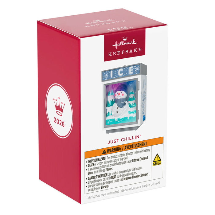 Hallmark 2026 Christmas ornament packaging with a snowman design on a white background
