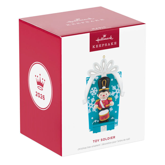 Hallmark 2026 Toy Soldier Christmas ornament packaging on a white background