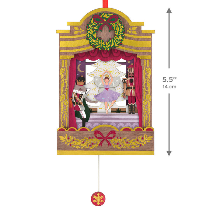 Decorative ornament with Nutcracker scene with dimensions indicated.