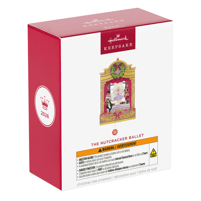 Hallmark Keepsake Ornament packaging for 'The Nutcracker Ballet' with red and white design.