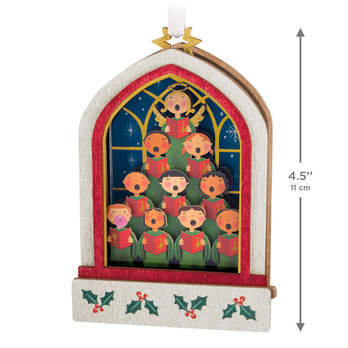 Decorative Christmas window with singing children and dimensions indicated.