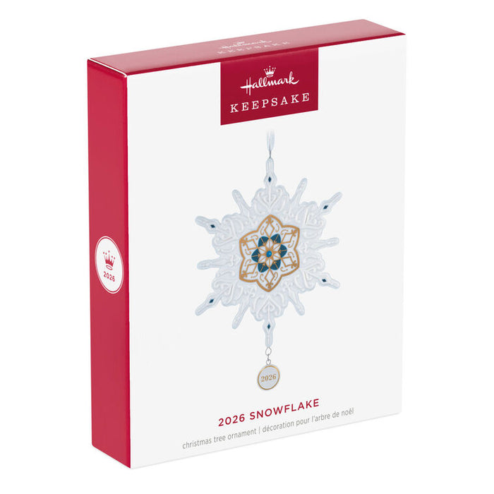 Hallmark 2026 Snowflake ornament packaging on a white background