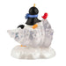 Penguin ornament with a blue scarf and a red bird with an ice sculpted tree on a white background
