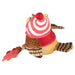 Decorative ornament of a bird wearing a red and white striped hat on a white background