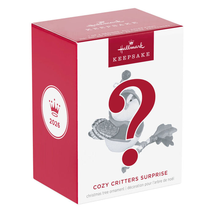 Hallmark Cozy Critters Surprise Christmas ornament packaging on a white background