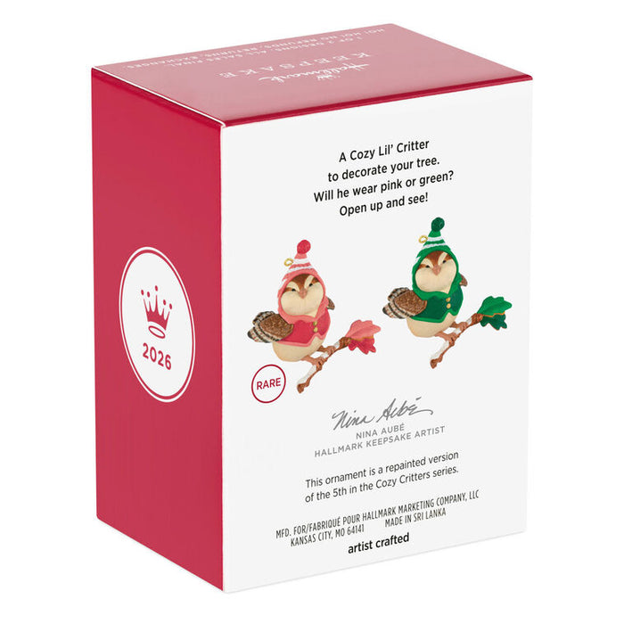 Hallmark Cozy Critters ornament packaging with two birds wearing hats on a white background
