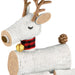 Decorative reindeer figure with antlers, a bell, and a red and black checkered collar on a white background.
