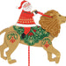 Decorative figure of Santa Claus riding a lion with Christmas-themed decorations on a white background.