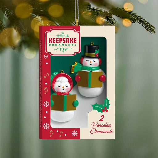 Packaged Christmas ornaments with a festive design on a blurred green background