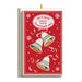 Red Christmas image with bells and text on a white background