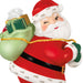 Santa Claus figurine holding a green sack with a gift on a white background