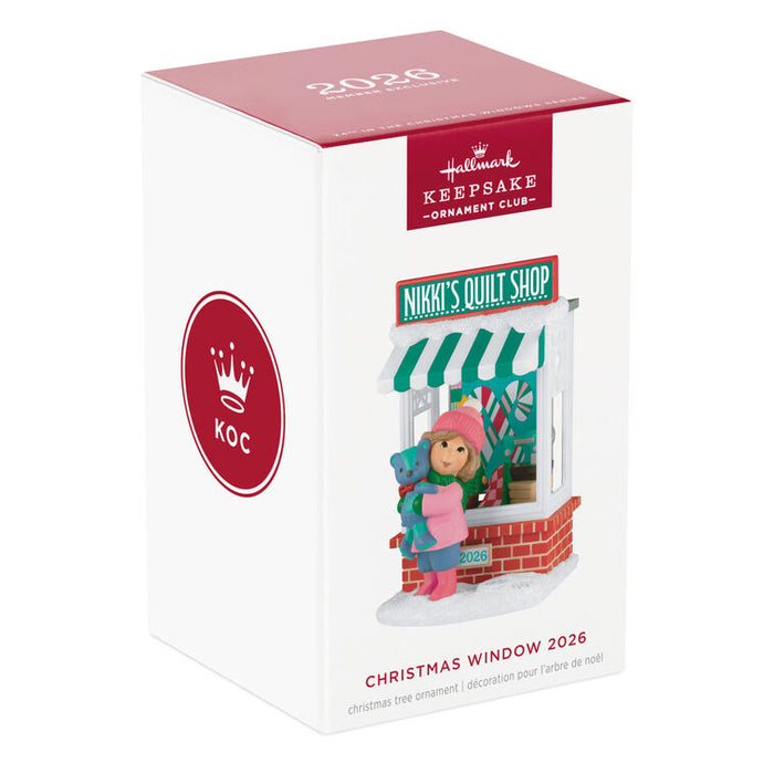 Hallmark Keepsake Ornament Club Christmas ornament packaging with a girl in front of a store.
