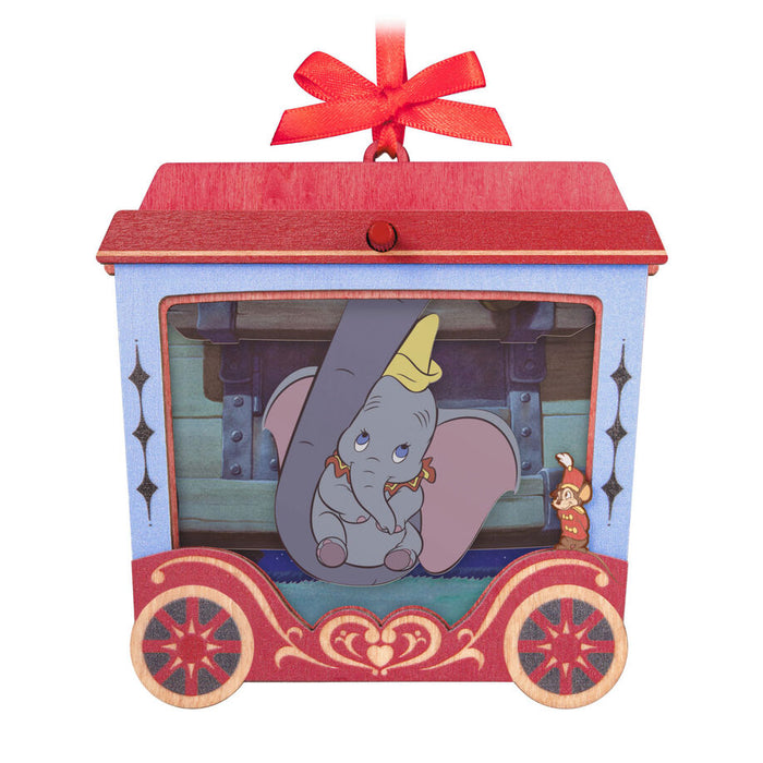 Decorative ornament with Dumbo and Mrs. Jumbo in a designed cutout, featuring a red ribbon on top.