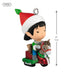 Miniature Christmas ornament of an elf with an elf hat and a small horse toy, with a measurement label on a white background.