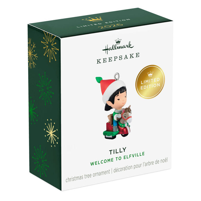Hallmark Keepsake Christmas ornament packaging with Tilly the elf design.