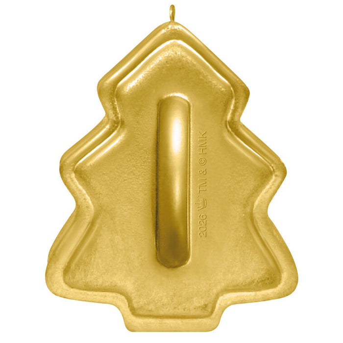Gold tree-shaped cookie sheet pan on a white background