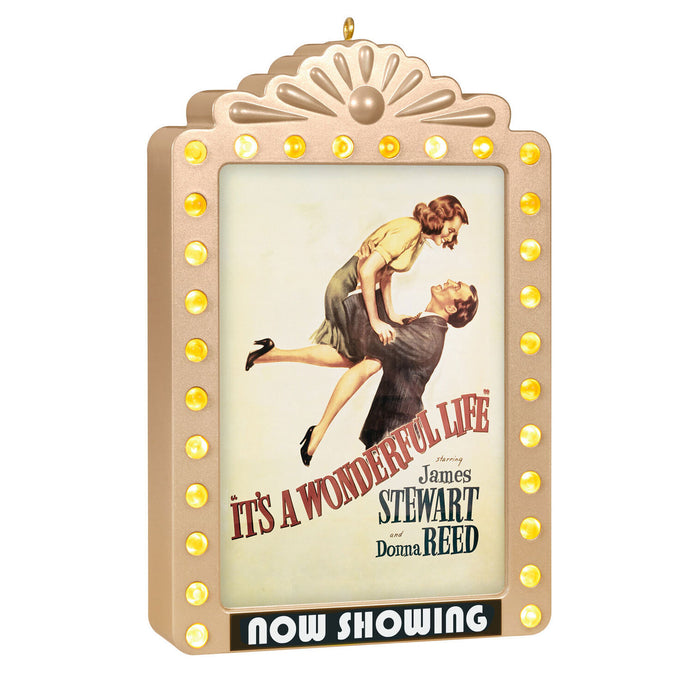 Decorative sign with 'It's a Wonderful Life' movie poster design, featuring a couple and 'Now Showing' text.
