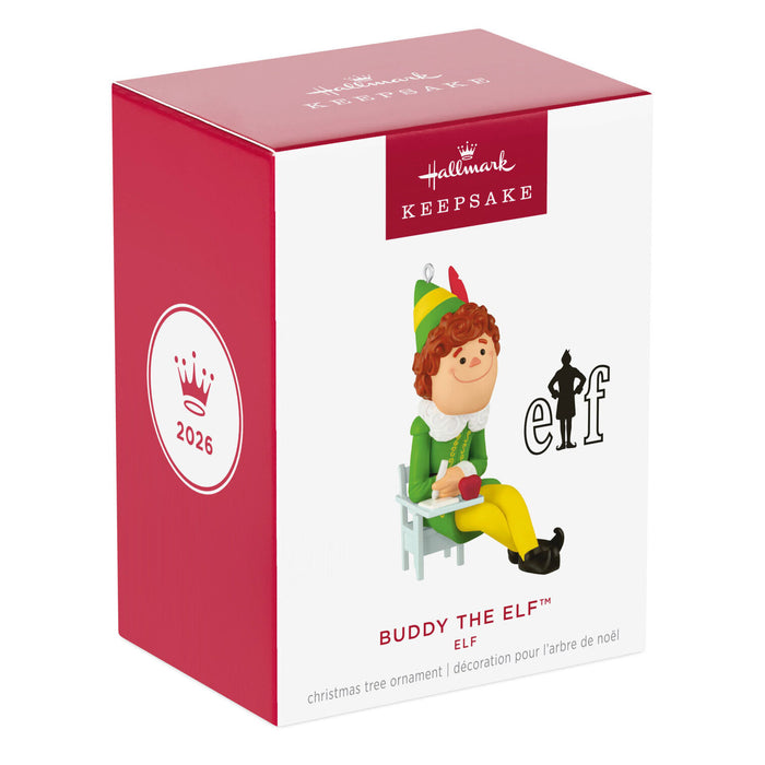 Hallmark Keepsake Buddy the Elf Christmas ornament packaging on a white background