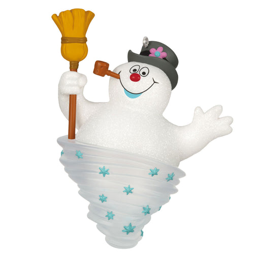 Snowman figurine with a broom and hat on a white background