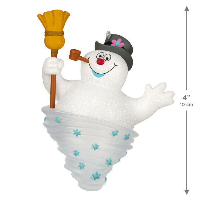 Snowman figurine with a broom and hat, with a pipe, on a white background with size measurement indicated.