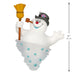 Snowman figurine with a broom and hat, with a pipe, on a white background with size measurement indicated.
