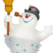 Snowman figurine with a broom and hat on a white background