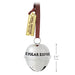 Silver bell ornament with 'The Polar Express' text, attached to a brown ribbon, on a white background.