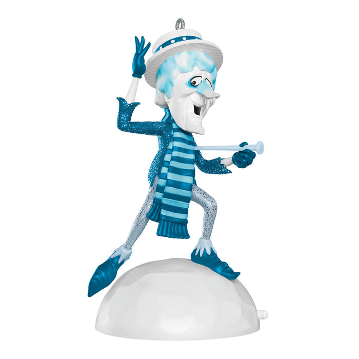 Animated character in blue and white attire with a hat and scarf, holding a cane on a white background.