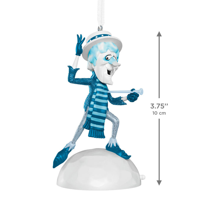 Blue and white animated character ornament with dimensions on a white background
