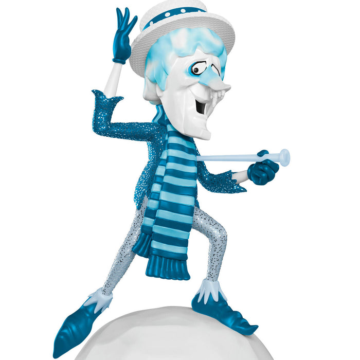 Animated character in blue and white attire with a hat on a white background