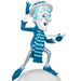 Animated character in blue and white attire with a hat on a white background