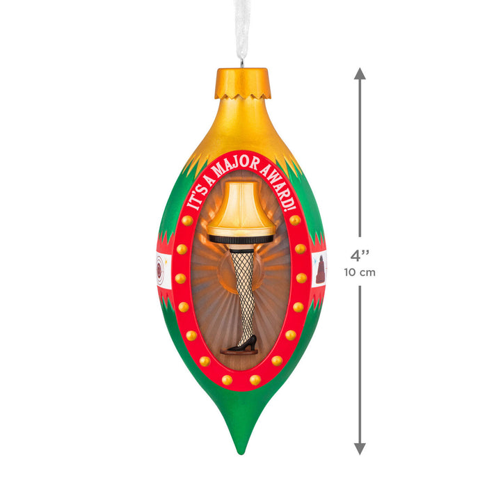 Christmas ornament with a decorative leg lamp, shown with dimensions on a white background.