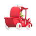 Red truck sleigh ornament with white wheels on a white background