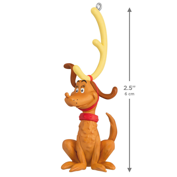 Max the Reindeer Dog ornament with measurement details on a white background