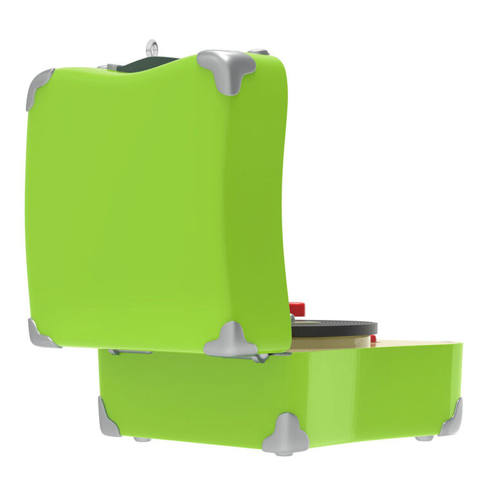 Green folding record player case with gray accents on a white background