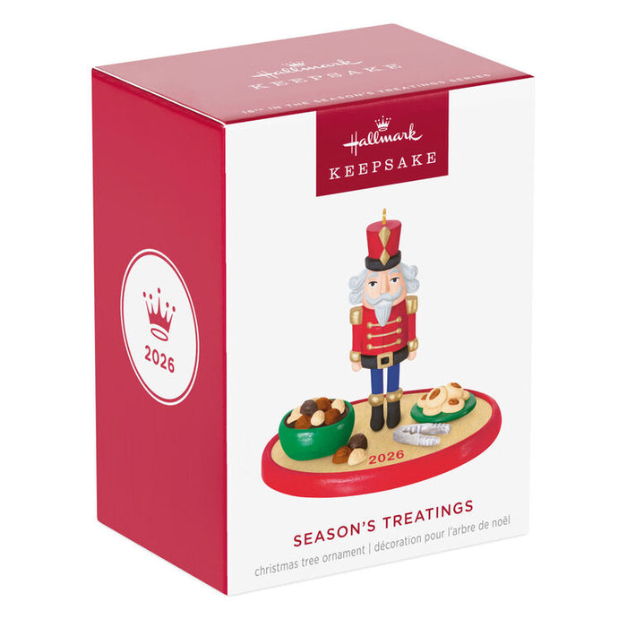 Hallmark 2026 Christmas ornament packaging with a nutcracker design on a white background