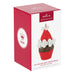 Hallmark Keepsake Christmas ornament packaging with a red cupcake design on a white background