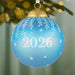 Blue Christmas ornament with '2026' on a tree branch with blurred lights in the background