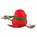 Red bird Christmas ornament with a green scarf on a branch on a white background