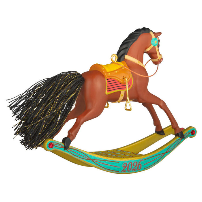 Colorful rocking horse ornament with '2026' on a white background