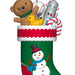 Colorful Christmas stocking with teddy bear, robot, duck, and candy cane on a white background