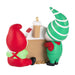 Two Christmas elves with a gingerbread house ornament on a white background