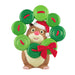 Hamster character wearing a Santa hat and surrounded by green wreath made of buttons with red ribbons on a white background